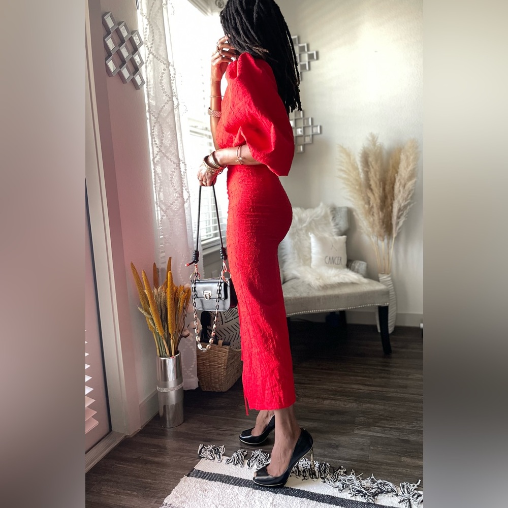 Red Ruched One Shoulder Midi Party Dress